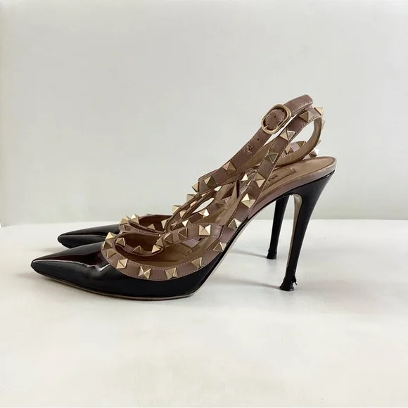 Valentino Garavani Rockstud Black/ Tan Ankle Straps Heels SZ 8.5/38.5 - Picture 1 of 11